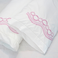 Hot pink flowers embroidered cotton hemstitched pillowcases